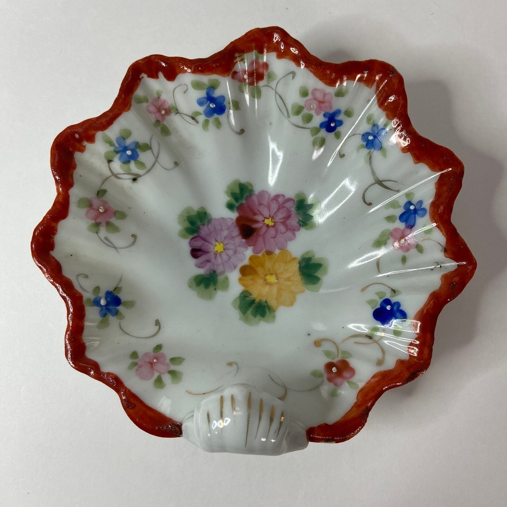Vtg Shell Trinket Dish Hand Painted Porcelain Floral Scalloped Candy Sponge Bowl
